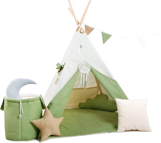 Tente TIPI Kaki pour enfant avec accessoires Set XXL TIPI Kaki + 4  coussins, tapis,... | bol