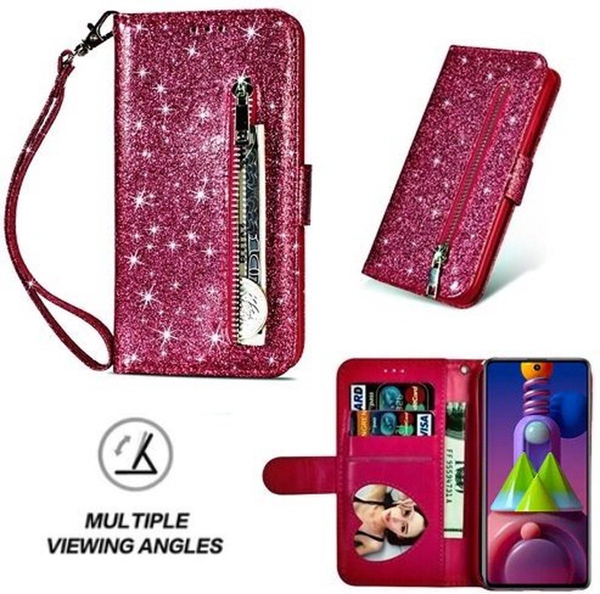 Samsung M51 Glitter Hoesje Met Pasjeshouder Bookcase Roze