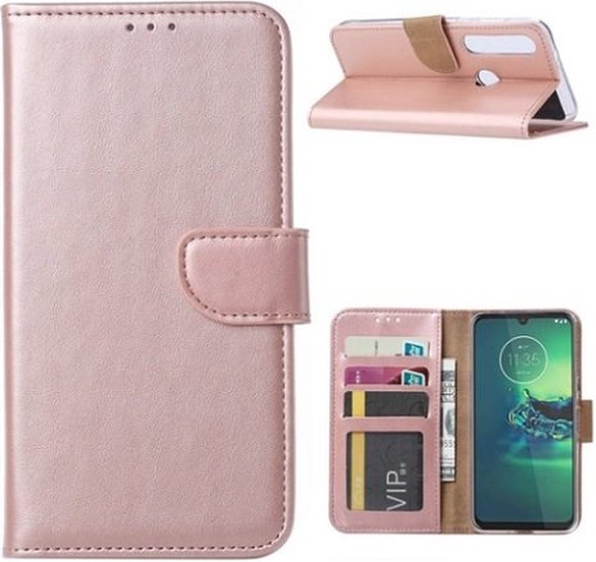 Motorola G8 Plus Hoesje Met Pasjeshouder Bookcase Rose Goud