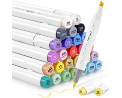 foto van Ohuhu - Alcohol based Art markers - Brush & chisel - Basic Colors - set van 24 + Blender + etui