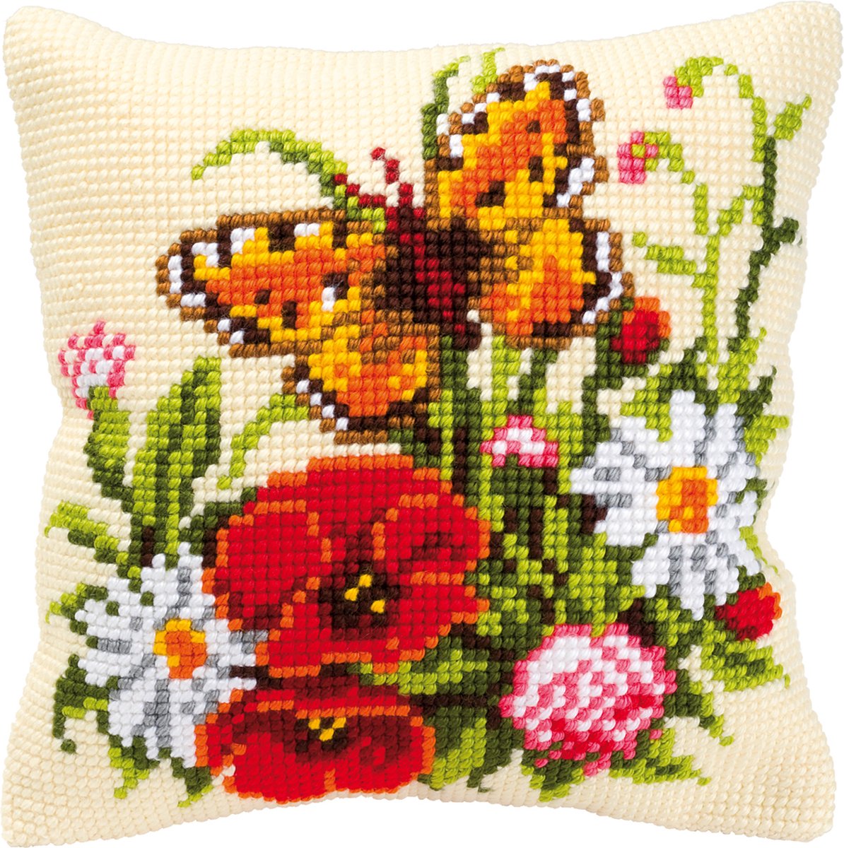 Vervaco - Kruissteekkussen kit - Bloemen met vlinder - PN-0008548 - Borduren - Borduurpakket - Borduurpakket volwassenen - Borduurpakket kind