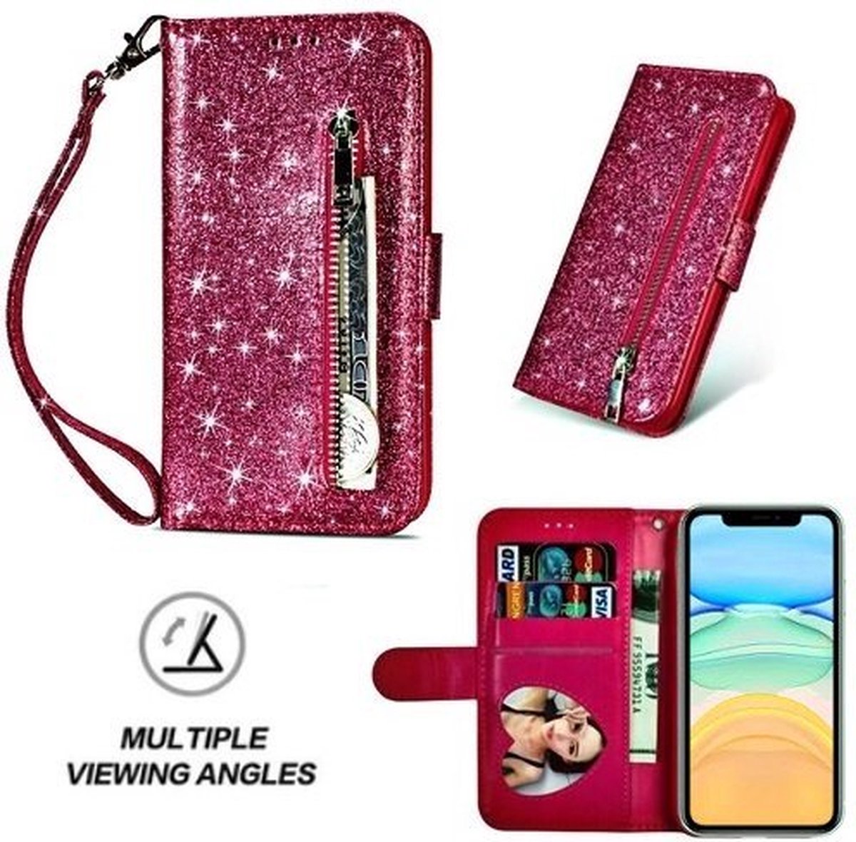 iPhone 11 Glitter Hoesje Met Pasjeshouder Bookcase Roze