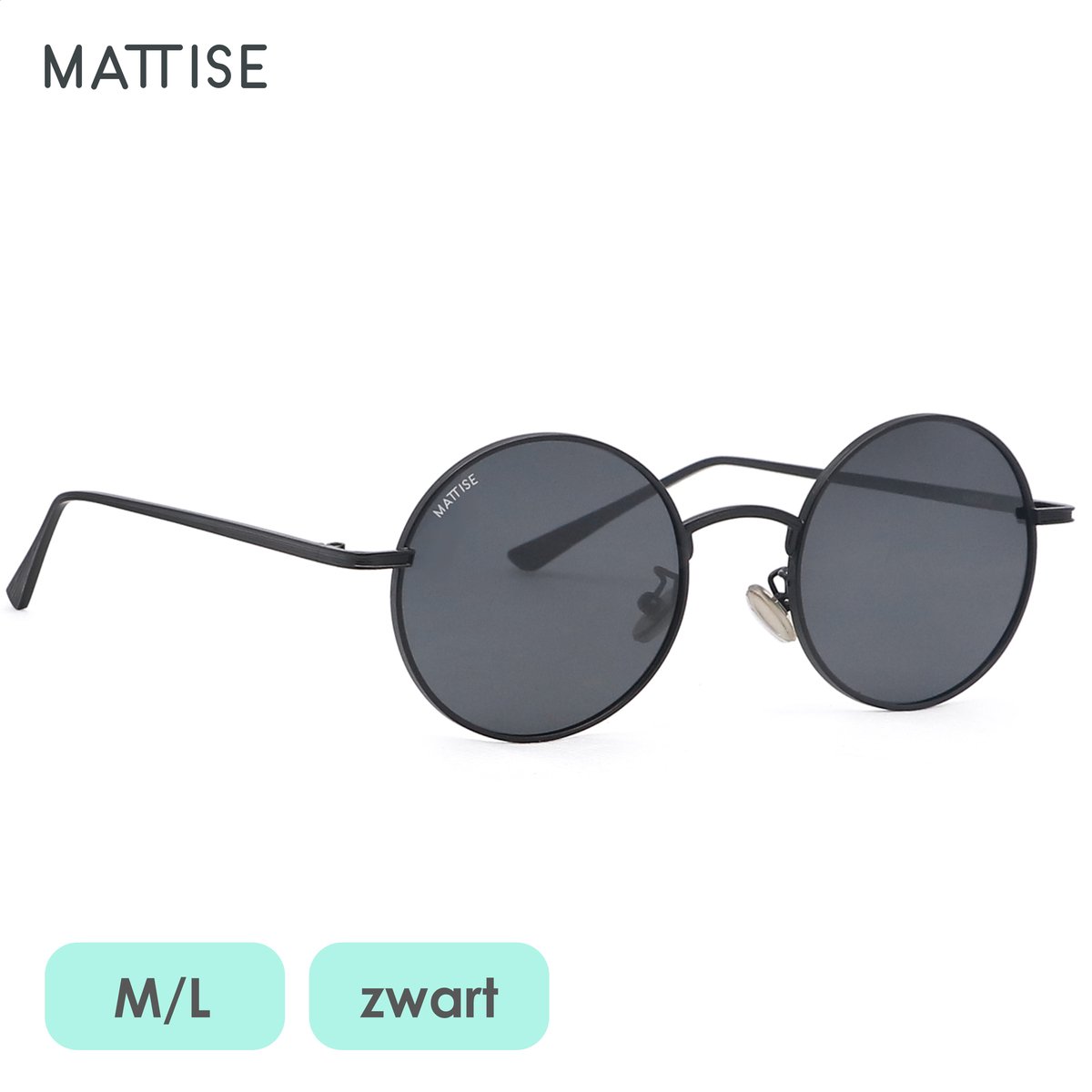MATTISE Zwart Unisex Gepolariseerde Zonnebril van Staal — M/L Zonnebril Heren Dames — Hippie Bril Gepolariseerd — Zonnebrillen Brillen