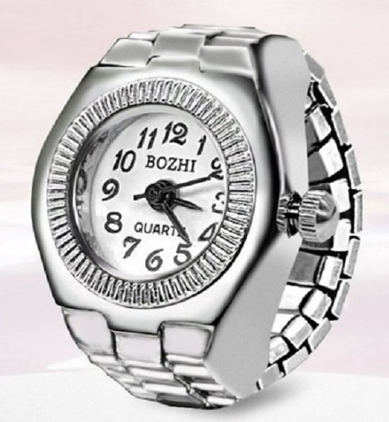 Ring horloge - rekbaar - zilverkleurig - wit - klein - 2 cm dial - one size