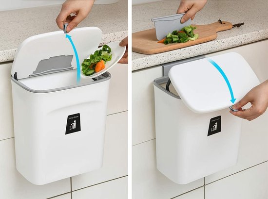 ELPHECO Hanging Small Waste Bin with Lid for Kitchen Cabinet Door, 2.5 Gallon Kitchen Compost Bin for Under Sink, Plastic Wall Mounted Waste Bin
