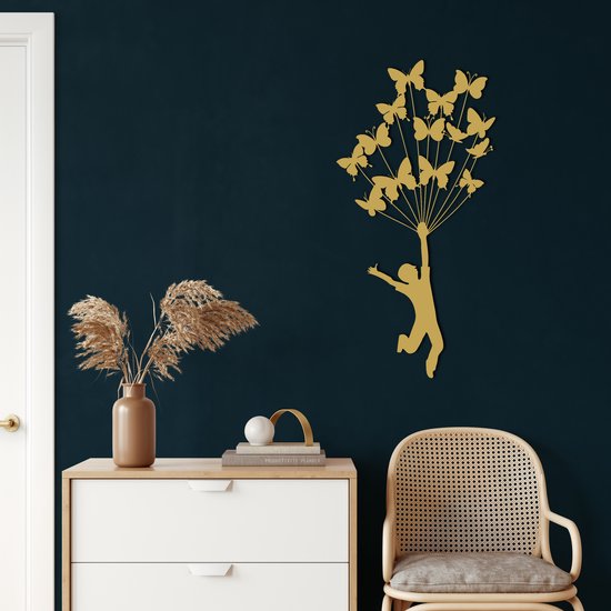 Wanddecoratie | Vliegen met Vlinders / Flying with Butterflies| Metal - Wall Art | Muurdecoratie | Woonkamer |Gouden| 50x100cm