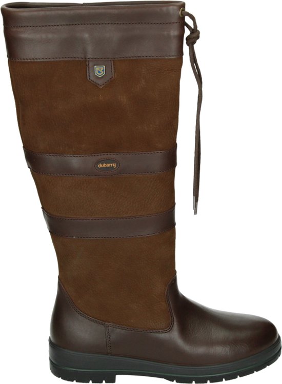 Bruine leren en suède kniehoge laars met veter aan de zijkant. Dubarry logo op de schacht.
