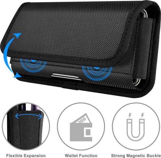 Holster de téléphone noir en nylon avec côtés flexibles, fermeture magnétique et fonction portefeuille.