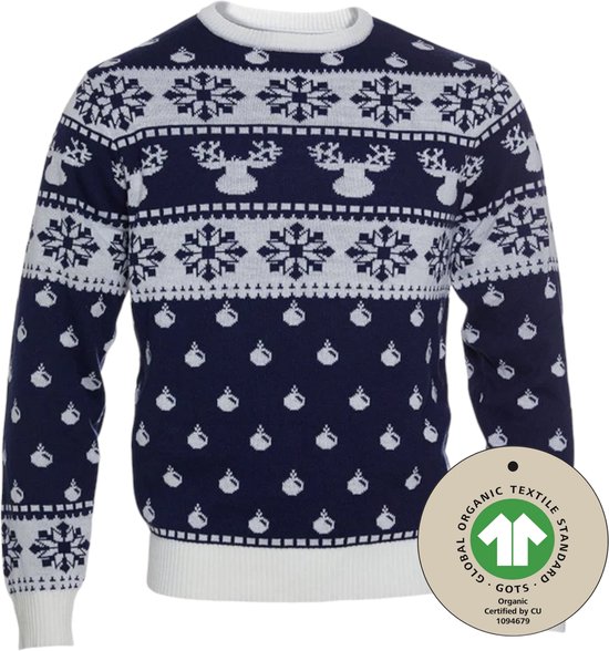 Foute Kersttrui Dames & Heren - Christmas Sweater "Klassiek Blauw" - 100% Biologisch Katoen - Mannen & Vrouwen Maat XXXXL - Kerstcadeau