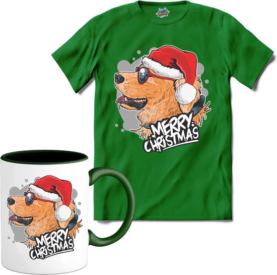 Merry christmas kerst labrador - T-Shirt met mok - Meisjes - Kelly Groen - Maat 12 jaar