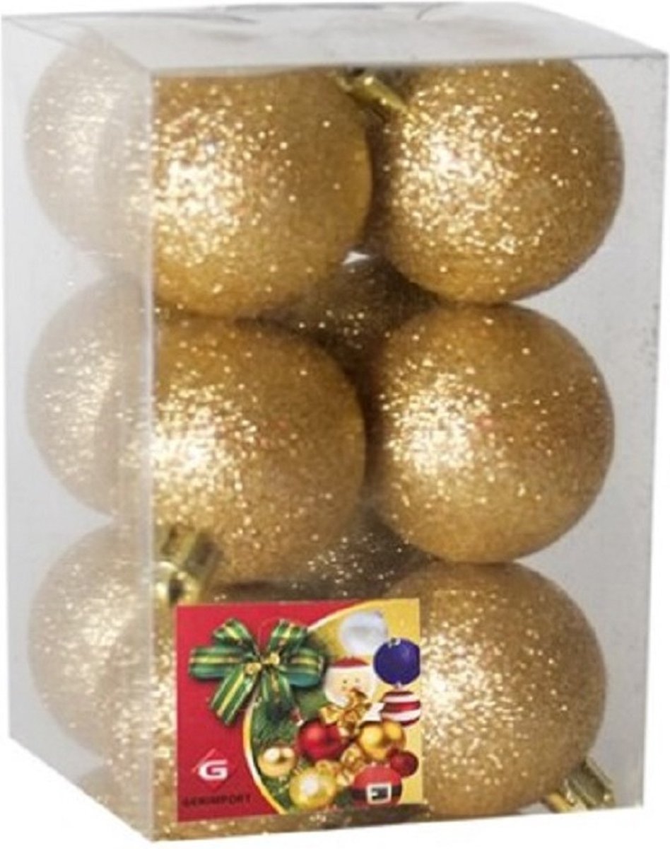 Gerimport Kerstballen - 12 stuks - goud - kunststof - glitters - D6 cm
