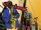 Fotobehangkoning - Behang - Vliesbehang - Fotobehang - Saxophonist in New York - Jazz - Muziek - Café - Horeca - 350 x 270 cm