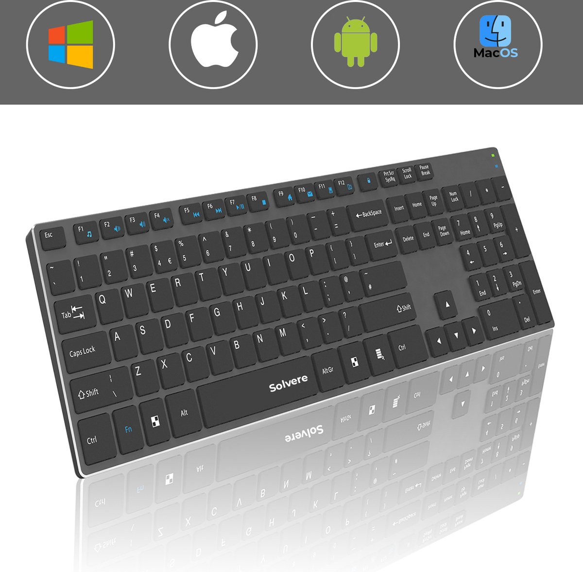 Draadloos Universeel Oplaadbaar Toetsenbord - Wireless Keyboard - Ergonomisch Ontwerp - Met Numpad - Qwerty - Space Grey