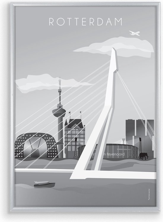 Skyline Poster Rotterdam Zwart-Wit in Zilveren Lijst
