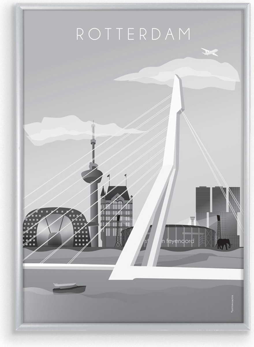 Nooitgedacht Cadeau Skyline Poster Rotterdam Zwart-Wit in Zilveren Lijst Zwart - Wit