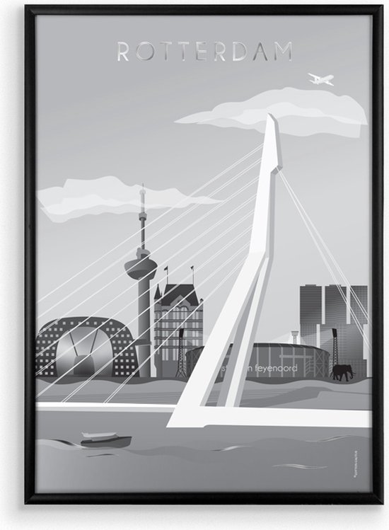 Skyline Poster Rotterdam Zwart-Wit met Glanslaag in Zwarte Lijst