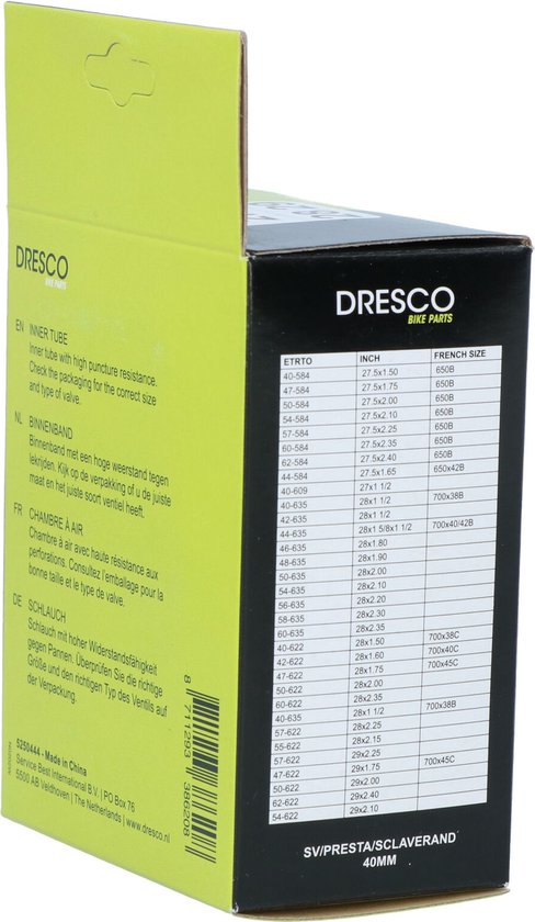 Groene Dresco fietsband doos met maattabel. '27.5 28 29' in wit. SV Presta 40mm Sclaverand.