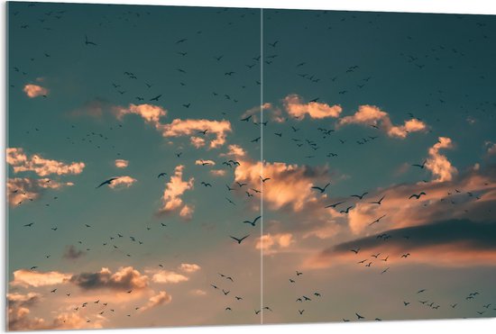 WallClassics - Acrylglas - Zwerm Vogels bij Witte Wolken - 120x80 cm Foto op Acrylglas (Wanddecoratie op Acrylaat)
