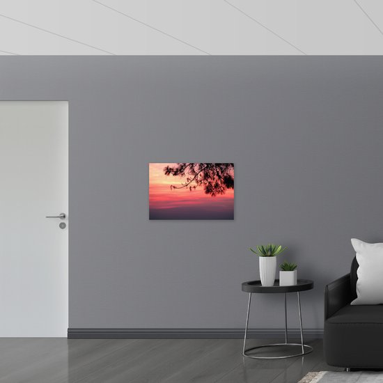 WallClassics - PVC Schuimplaat- Silhouet van Takken tegen Roze Lucht - 75x50 cm Foto op PVC Schuimplaat