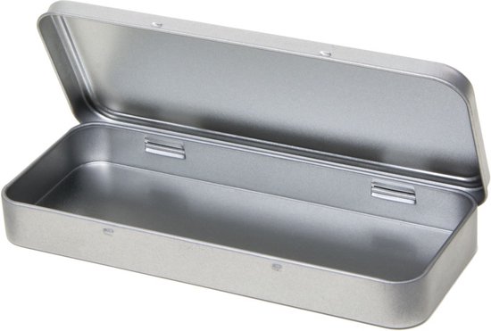 Pennendoos/pennenblik - 8x18x2 cm - zilver - aluminium - opbergblikje