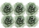 6x Salie groene decoratie bloemen rozen op clip 14 cm - Kerstversiering/woondeco/knutsel/hobby bloemetjes/roosjes