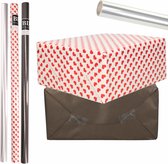 6x Rollen kraft inpakpapier transparante folie/hartjes pakket - zwart/harten design 200 x 70 cm - Valentijn/liefde/cadeaupapier