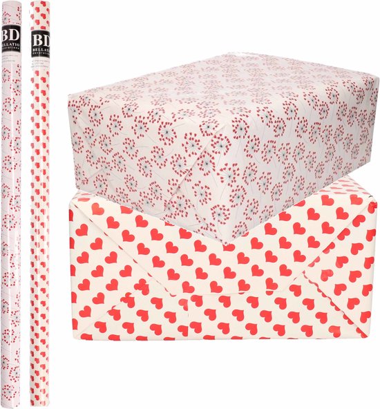 8x Rollen kraft inpakpapier liefde/valentijn/hartjes pakket - wit met twee rode hart varianten 200 x 70 cm - cadeau/verzendpapier