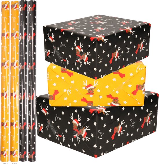 Set de 6 x Rouleaux de papier cadeau Noël /papier cadeau ocre jaune/noir renne 2,5 0 0,7 mètres - Papier Noël/papier cadeau