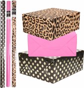 9x Rollen kraft inpakpapier/folie pakket - panterprint/roze/zwart met gouden stippen 200 x 70 cm - dierenprint papier
