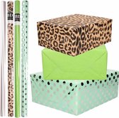 8x Rollen transparante folie/inpakpapier pakket - panterprint/groen/mintgroen met zilveren stippen 200 x 70 cm - dierenprint papier
