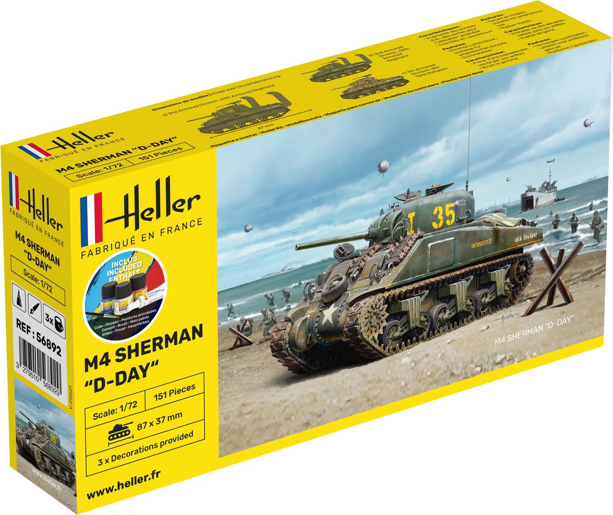 Heller Modelbouwpakket Militaire voertuigen - 56892 M4 Sherman D-Day - Amerikaanse Middelzware Tank - Starter Kit Plastic - 1:72 - Modelbouw
