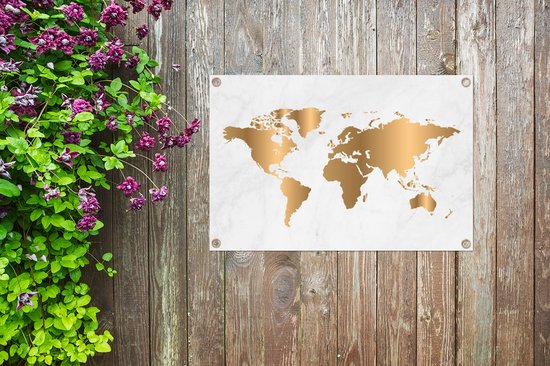 Tuinposter 60x40 cm - Tuindecoratie Wereldkaart - Goud - Marmerlook - Luxe - Design - Poster voor in de tuin - Buiten decoratie - Schutting tuinschilderij - Tuindoek muurdecoratie - Wanddecoratie balkondoek