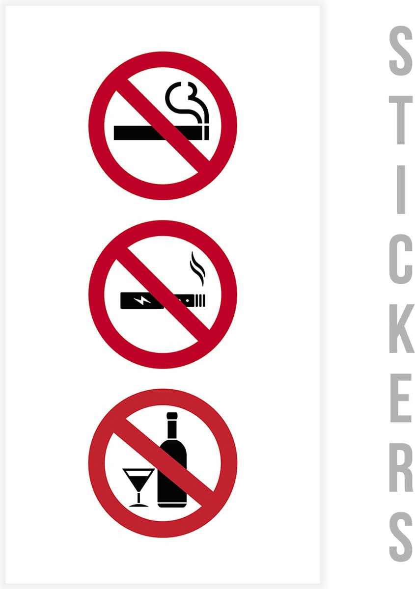 Pictogram/ sticker | 10 x 20 cm | Rookverbod - Vape verbod - Alcohol verbod | Recreatie | Verbodsbord | Alcohol | Alcoholische dranken | Elektronische sigaret | E-sigaret | Roken | Tabak | Glanzend | Rechthoek | 3 stuks