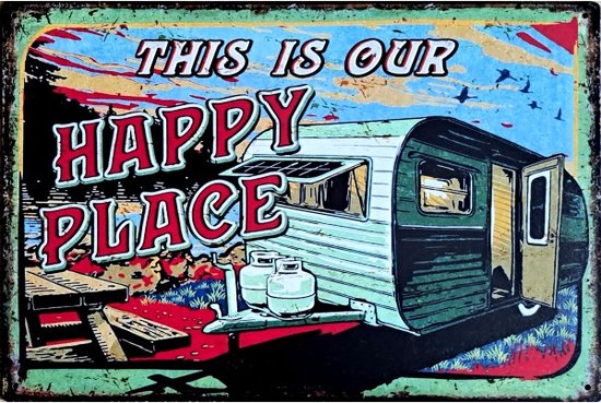 Metalen Wandbord Happy Place Caravan - 20x30 cm camping camperen camper