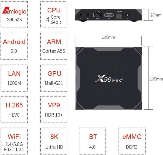 TVBOX X96 MAX AMLOGIC S905X2 Quadcore 2.0Ghz Android 8.1 met 4GB RAM en 32GB ROM - X96 Max