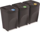 Set van 3x kunststof afvalscheidingsbakken antraciet/donkergrijs van 35 liter - Scheidingsprullenbakken