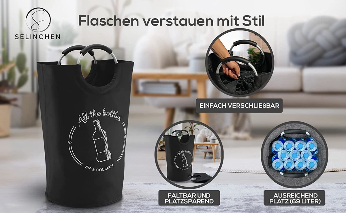 SONGMICS RRB012Y01 B012Y01 Verzamelbak voor statiegeldflessen, 120 liter, bamboe, flessenverzamelaar, lege inhoud, recyclingcontainer, met gat, deksel, binnenzak met handgrepen, keuken, natuurlijk