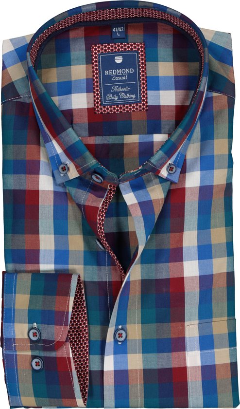 Redmond heren overhemd Regular Fit - rood met wit en blauw geruit  (contrast) -... | bol.com