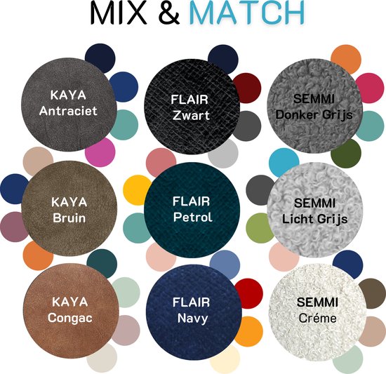 Collage van stoffen samples in diverse kleuren en texturen, waaronder KAYA, FLAIR en SEMMI.