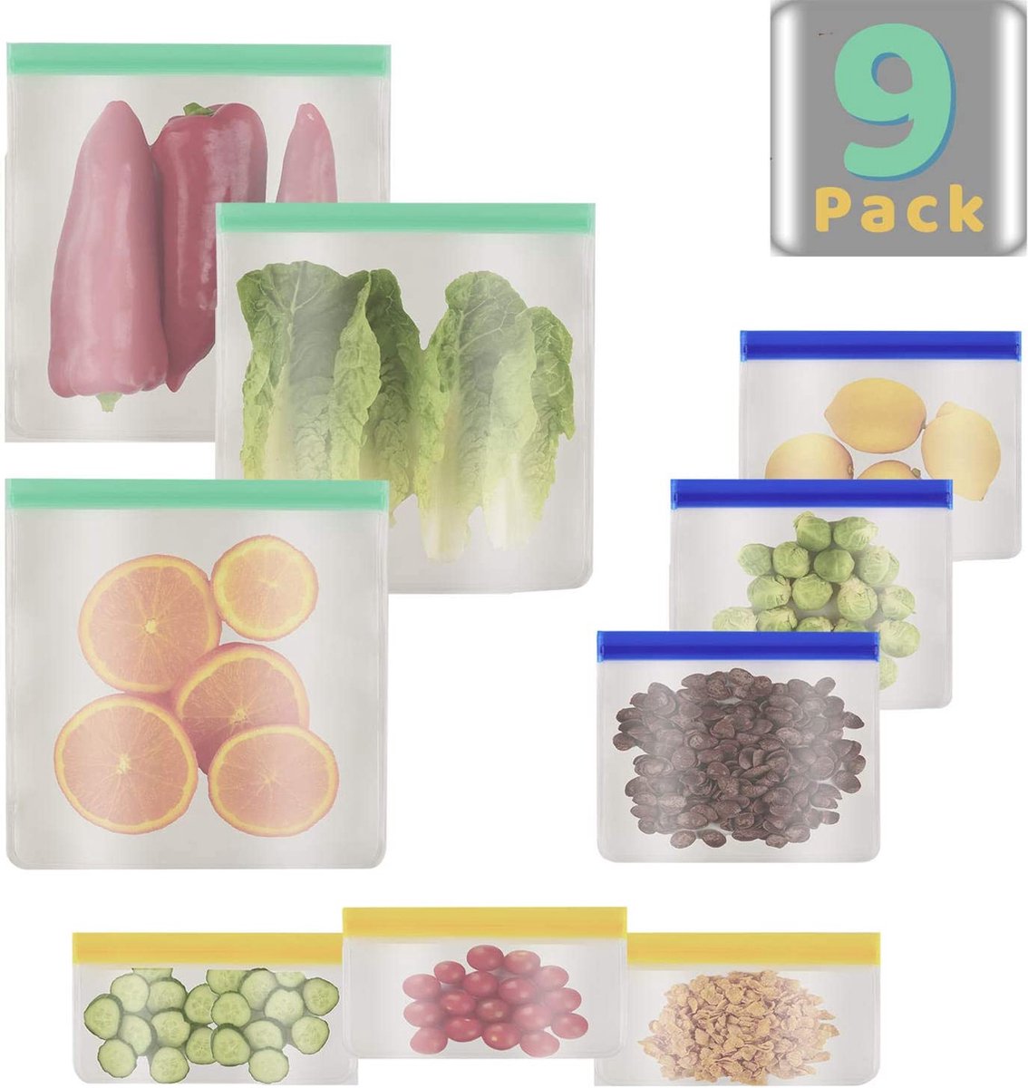Dimono ® Silicone zakken Herbruikbare Zip zakken voedsel en diepvrieszakken druk afdichting lancering zak voor groenten, fruit, vlees en zoetwaren (3x 750 ml; 3x 1000 ml; 3x 1800 ml)