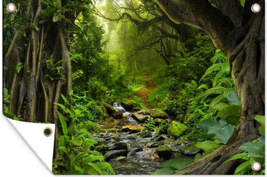 Tuinposter 120x80 cm - Tuindecoratie Natuur - Water - Jungle - Bos - Tropisch - Poster voor in de tuin - Buiten decoratie - Schutting tuinschilderij - Tuindoek muurdecoratie - Wanddecoratie balkondoek