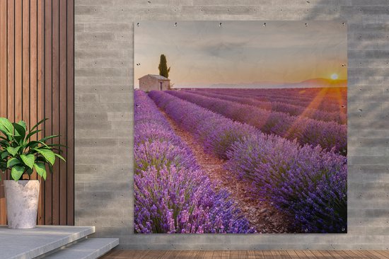 Affiche de jardin lavande - Coucher de soleil - Fleurs - Violet - Toile de jardin - Toile de clôture - Peinture jardin extérieur - Décoration clôture - 200x200 cm - Décoration de jardin - Jardin - Poster extérieur