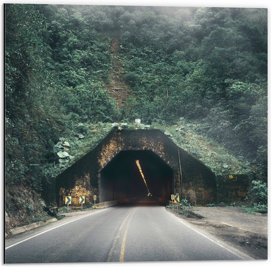 WallClassics - Dibond - Weg richting Tunnel in Berg - 50x50 cm Foto op Aluminium (Met Ophangsysteem)