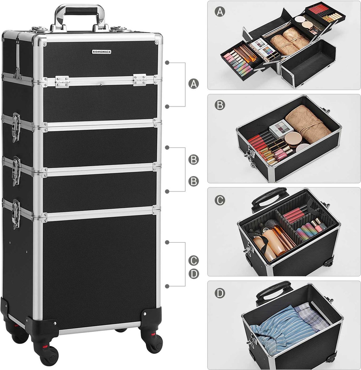 Signature Home Diana Cosmetica koffer - professionele make-upkoffer - 4-in-1 make-upkoffer voor op reis - grote trolley voor kappers - afsluitbaar - met 360 ° draaibare universele wielen