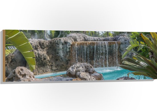WallClassics - Hout - Tropische wateval in Zwembad - 120x40 cm - 12 mm dik - Foto op Hout (Met Ophangsysteem)