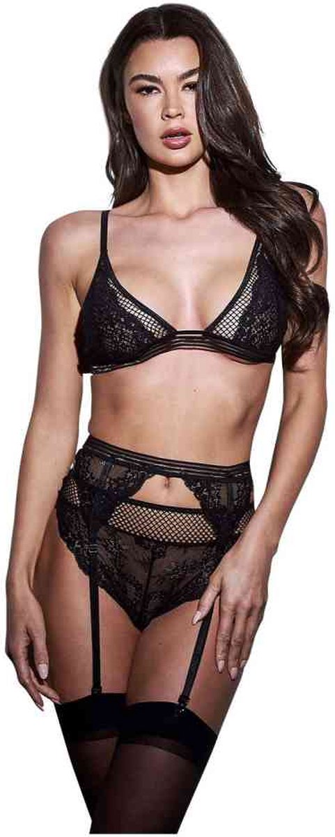 3PC LACE & MESH BRA, GARTER & PANTY SET BLACK, S/M