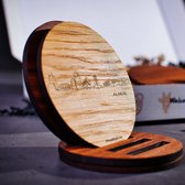 Skyline Onderzetters Almere - Eiken en noten hout - 4 stuk(s) + houder - Ø 9 cm Rond - Cadeau - Woon decoratie - Woonkamer - WoodWideCities