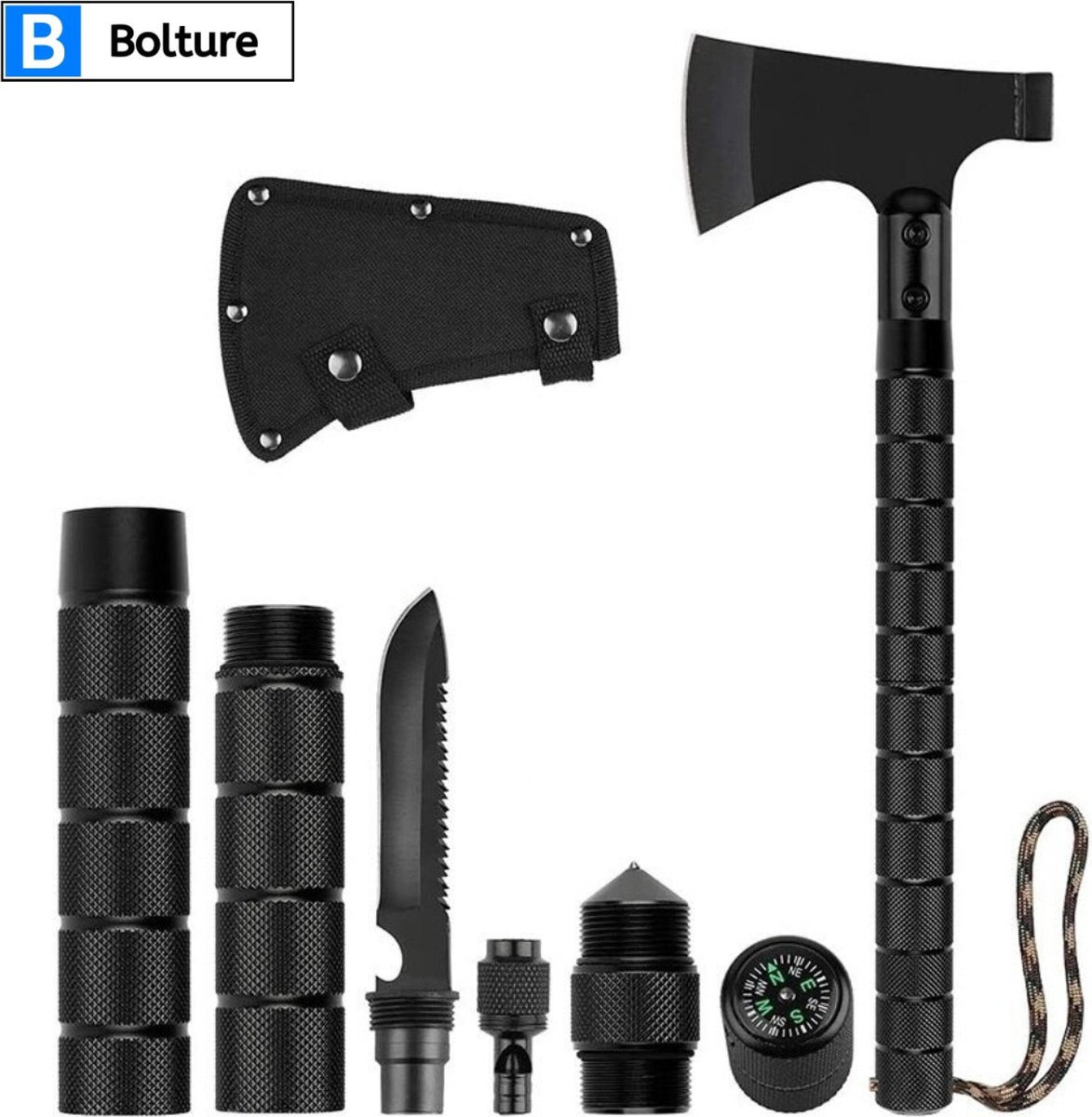 Bolture Survival Kit – Survival Mes - Bijl – Kloofbijl - Hamer - Fluitje - Zakmes – Kompas - Meerdere Accessoires Inbegrepen - 1 KG