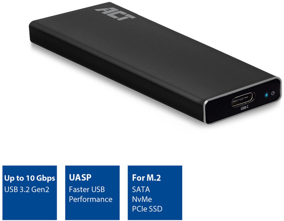 ACT Externe M.2 SATA en NVMe SSD behuizing 3.0 – USB C 3.2 – Aluminium - Snelheid 10 Gbps - AC1605