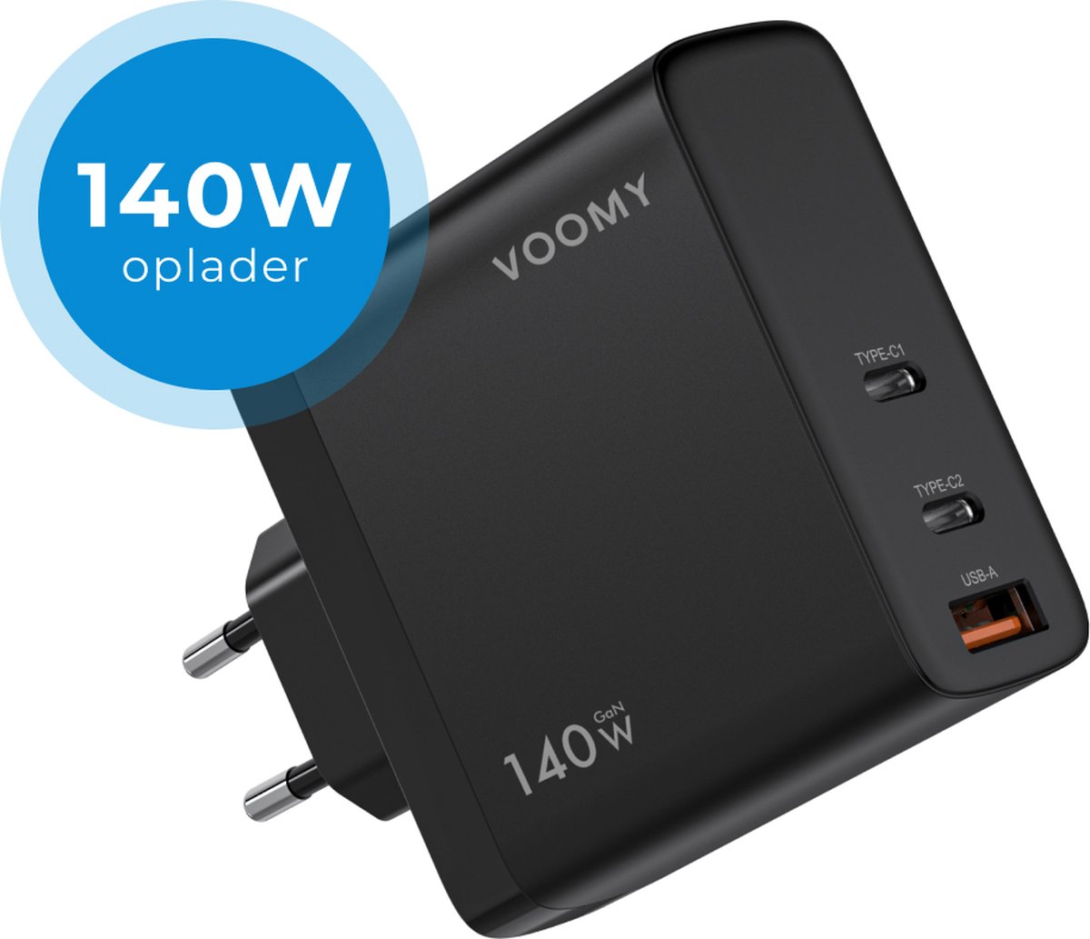 Voomy 140W GaN Oplader - Macbook lader - Iphone lader - Snellader 2 x USB-C & 1 USB-A